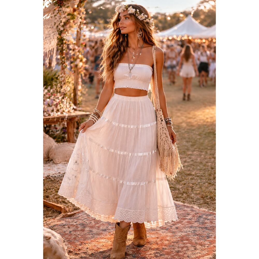 Tiered white embellished skirt Cotton BOHO Fairycore Festival Sz L